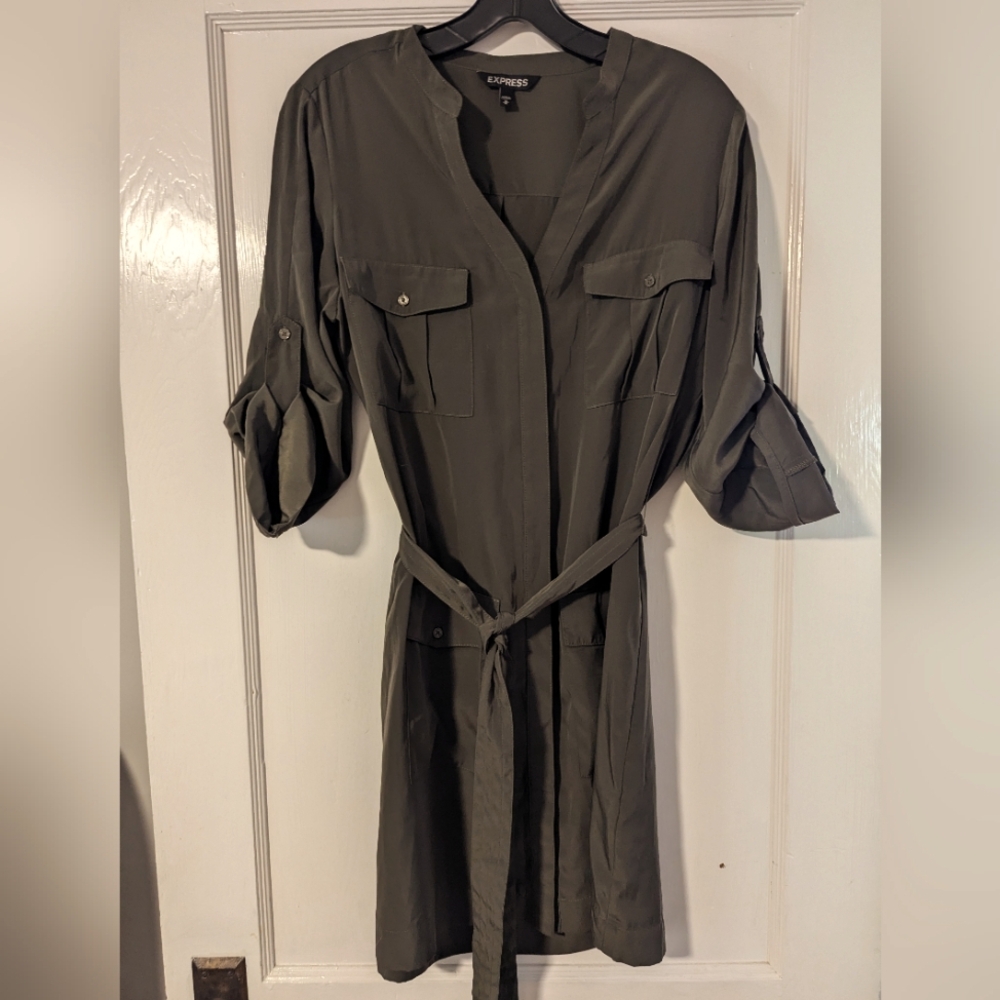 Express Dark Khaki Green Shift Dress With Tie